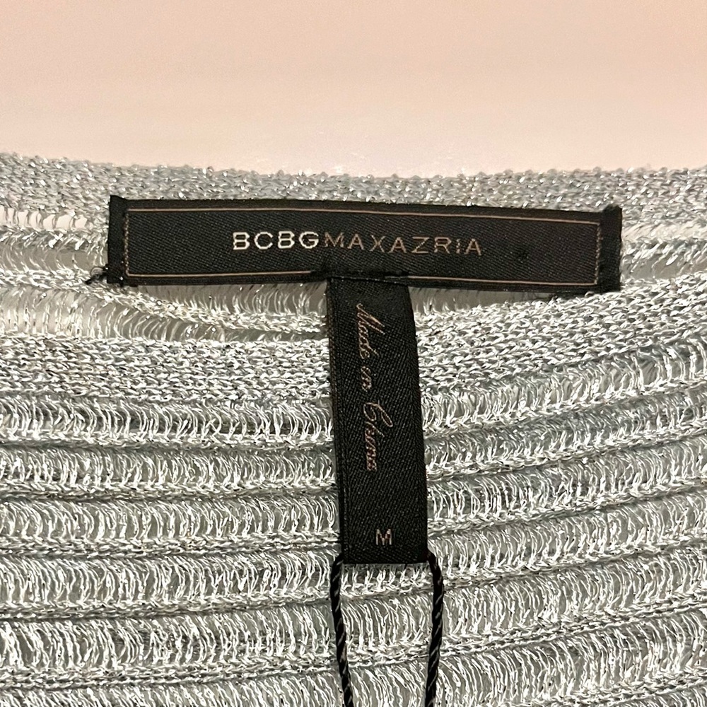 BCBG Max Azria Metallic Sweater Womens M Silver Party Dolman Sheer Retro Disco - Picture 11 of 16